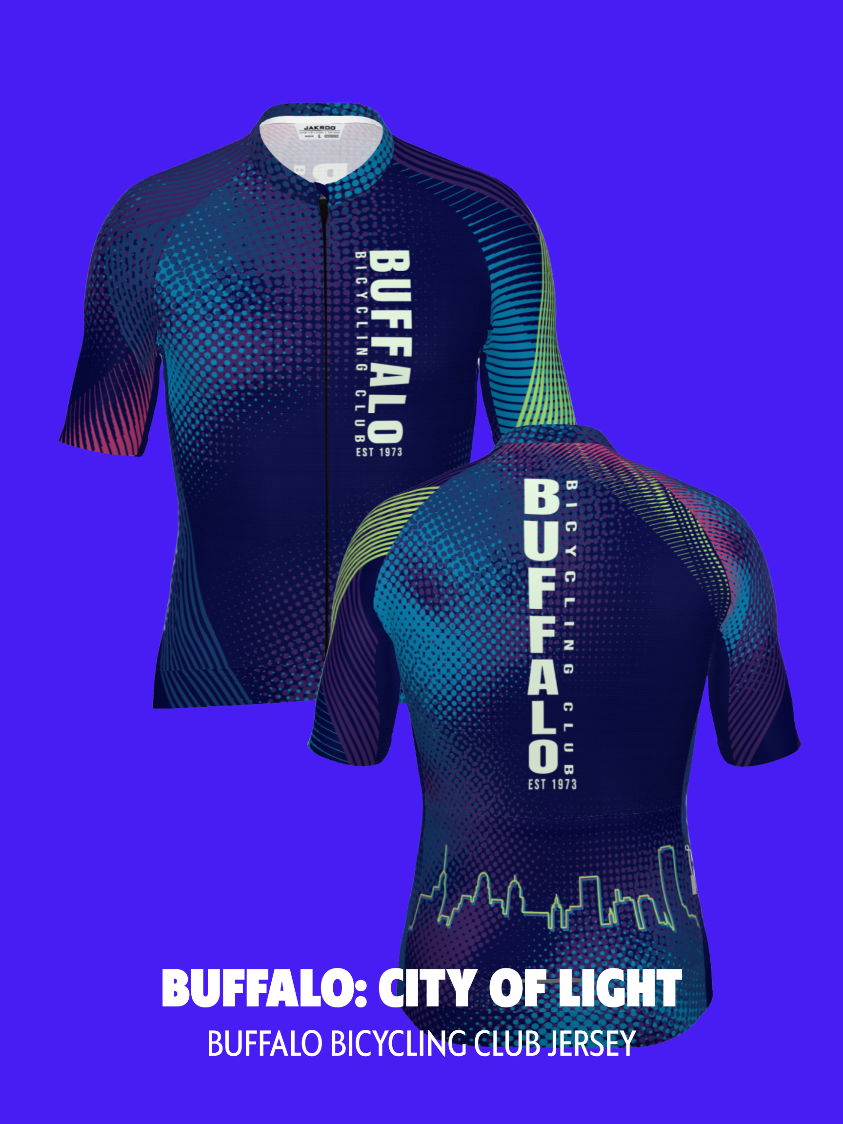 he City of Light Jersey is inspired by Buffalo history - known as the "City of Light" because it was the first U.S. city to have widespread electric streetlights. Buffalo shined bright, showcased at the 1901 Pan American Expo. This color concept represents vibrant, bright colorscapes of murals seen across the city and the colorful lights of city hall, the Peace Bridge and the illuminated Buffalo night sky. Wear the jersey to show your Buffalove. Consider joining us for a ride or a race.